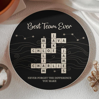 Personalized Round Ceramic Coaster with Team Crossword Design, Unique Coworker Gift for Office Desks