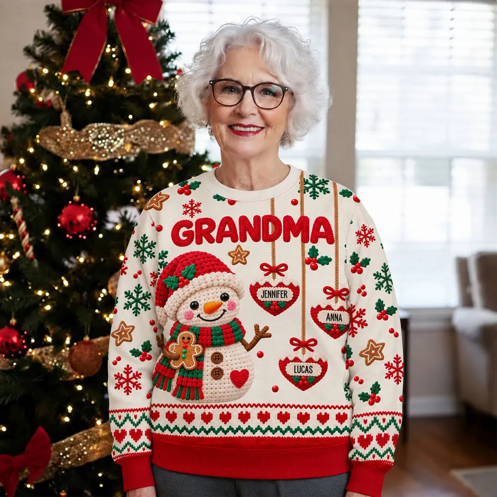 Personalized Printed Sweatshirt, Crochet-Style Snowman Holding Gingerbread, Unique Christmas Gift for Grandma