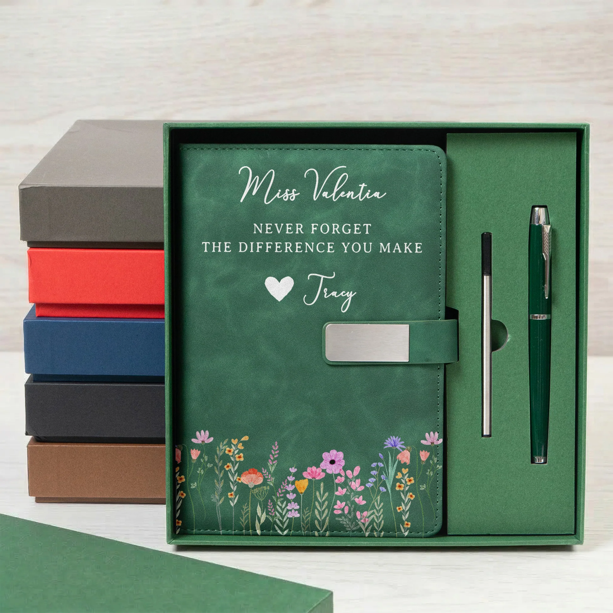 Personalized Metal Buckle Notebook Set with Thank You Quote, Forest Watercolor Design, Unique Gift for Teacher Boss or Coworker