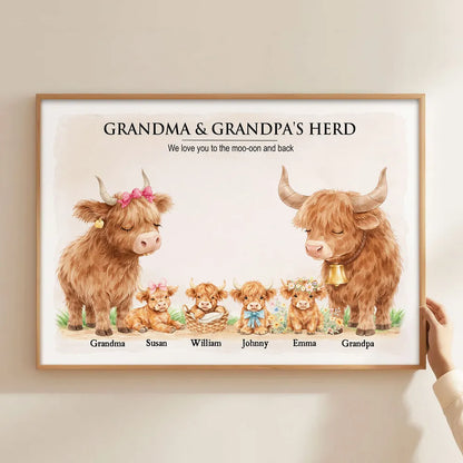 Personalized Highland Cow Family Poster, Grandma & Grandpa's Herd Wall Art, Unique Gift for Grandparents