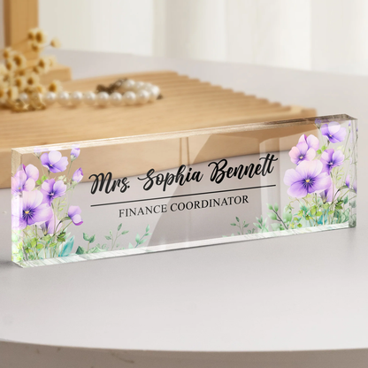Personalized Rectangle Acrylic Block Plaque With Birth Flower Style Desk Decor, Unique Thank You Gift For Teacher Or Coworker