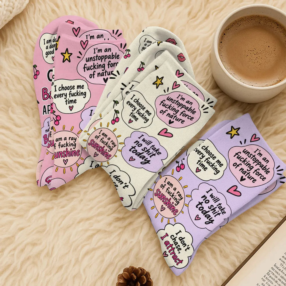 Personalized Crew Socks with Cheeky Self Love Quotes, Unique Gift for Women, Fun Confidence Boost