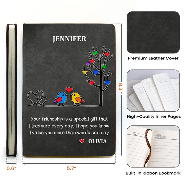 Personalized Leather Journal with Colorful Birds Beside a Heart Tree, Unique Gift for Best Friend