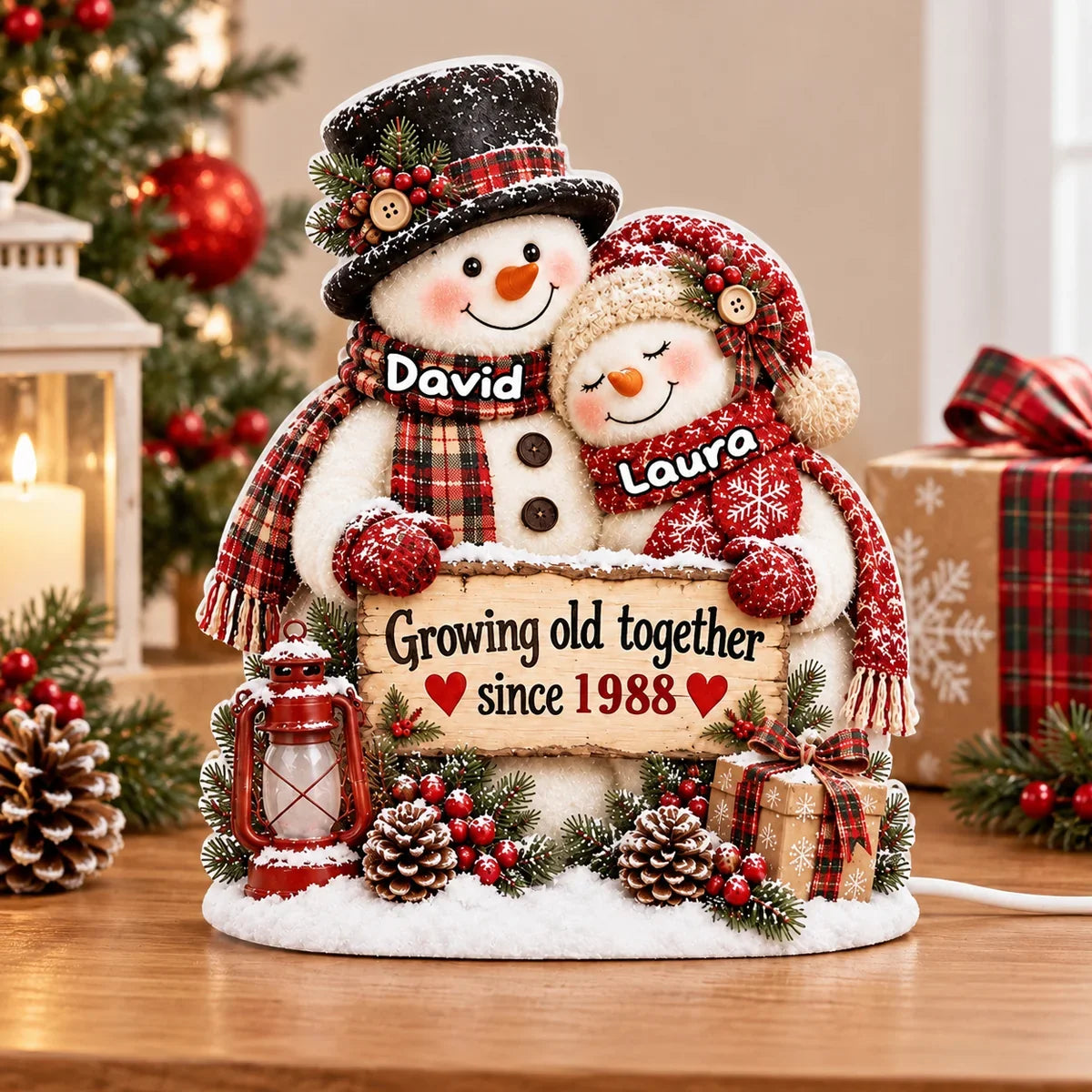 Growing Old Together Acrylic Light Box, Personalized Hugging Snowman Couple with Warm Glow, Creative Gift for Husband or Wife