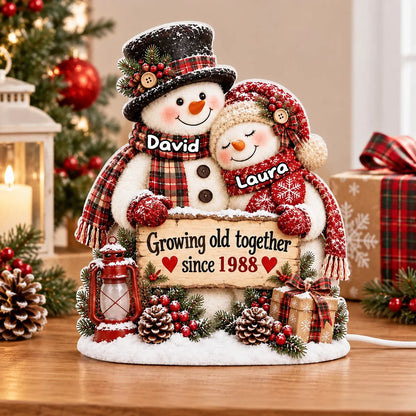 Growing Old Together Acrylic Light Box, Personalized Hugging Snowman Couple with Warm Glow, Creative Gift for Husband or Wife