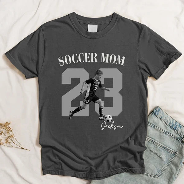Soccer Mom Classic Tee, Personalized Dribbling Player Photo Keepsake, Creative Gift for a Proud Sports Mom