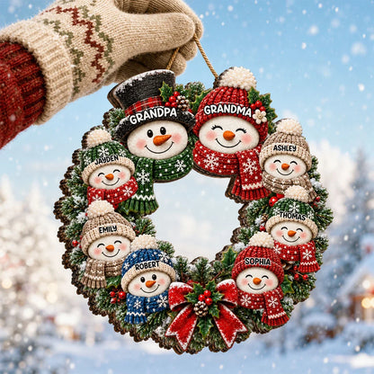 Personalized Wooden Sign with Cute Snowman Family Wreath, Unique Christmas Door Gift for Grandparents