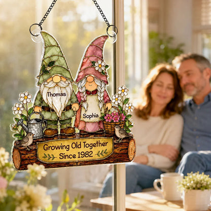 Personalized Acrylic Suncatcher Ornament, Holding Hands Gnome Couple in a Floral Garden, Unique Anniversary Gift