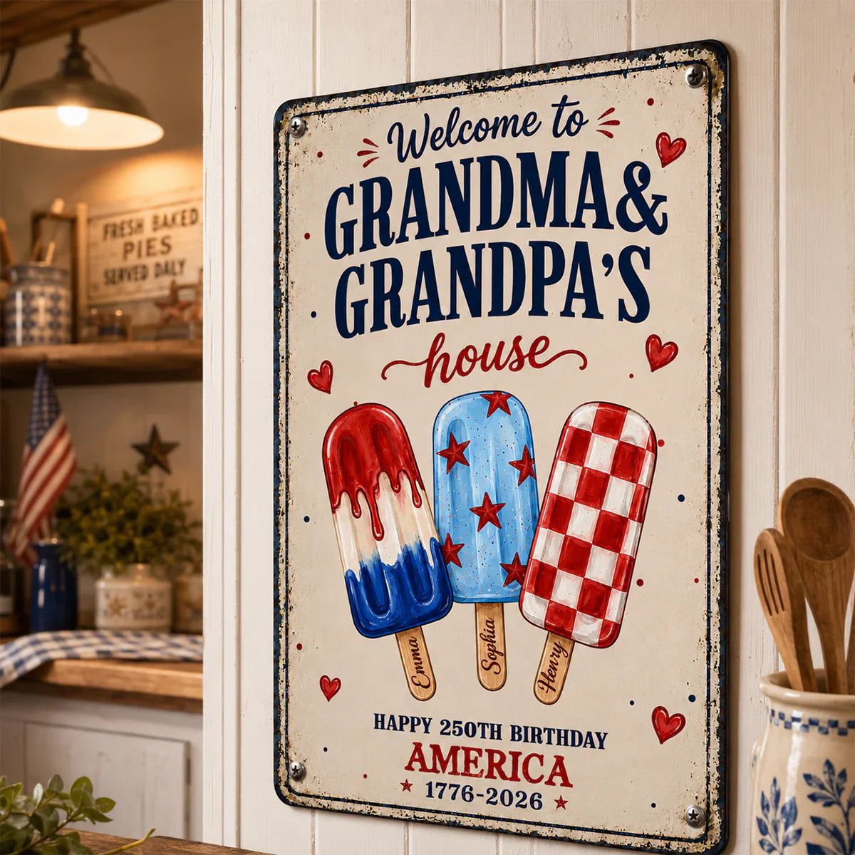 Custom Rectangular Iron Sign for Grandparents, Vintage Red & Blue Welcome Decor, Creative Family Gift