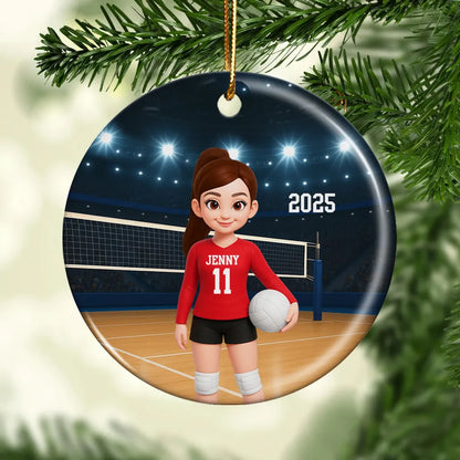 Volleyball Girl Ceramic Ornament with Court Scene, Unique Gift for Teen Athlete or Daughter