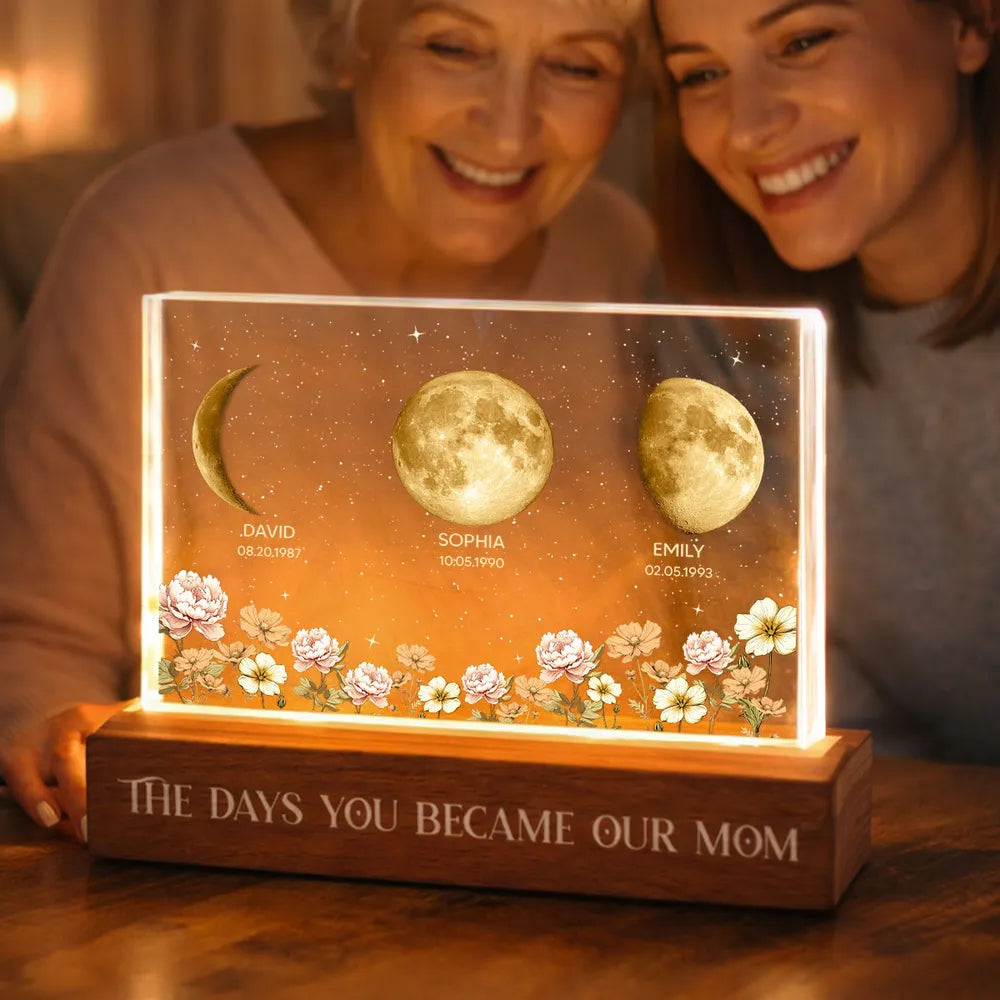 The Days You Became Our Mom Block LED Light Plaque, Custom Night Light for Bedroom or Office Desk, Meaningful Gift