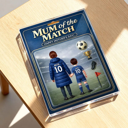 Personalized Rectangle Acrylic Block Plaque Mum of the Match Soccer Mom and Kid Holding Hands Stadium Scene Unique Mother's Day Gift