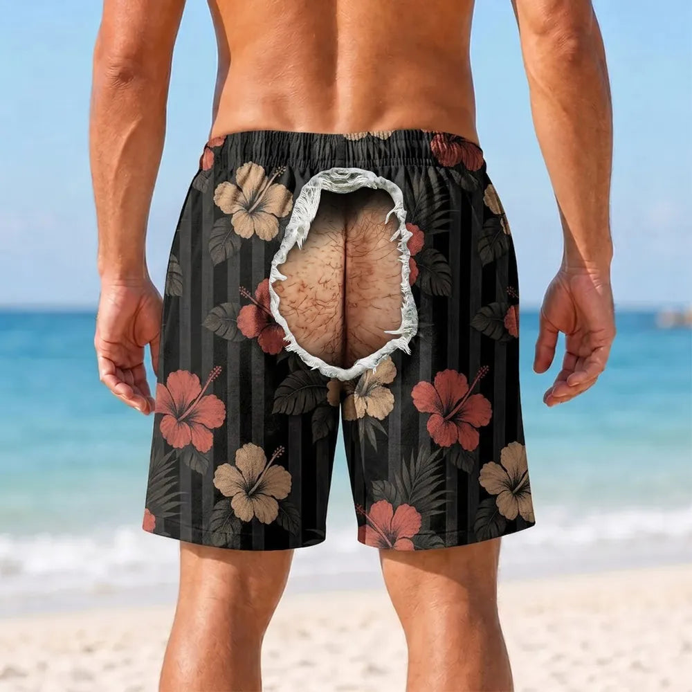Men's Beach Shorts with Custom Tropical Butt Crack Design, Creative Gift for Guys & Matching Friends