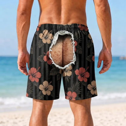 Men's Beach Shorts with Custom Tropical Butt Crack Design, Creative Gift for Guys & Matching Friends
