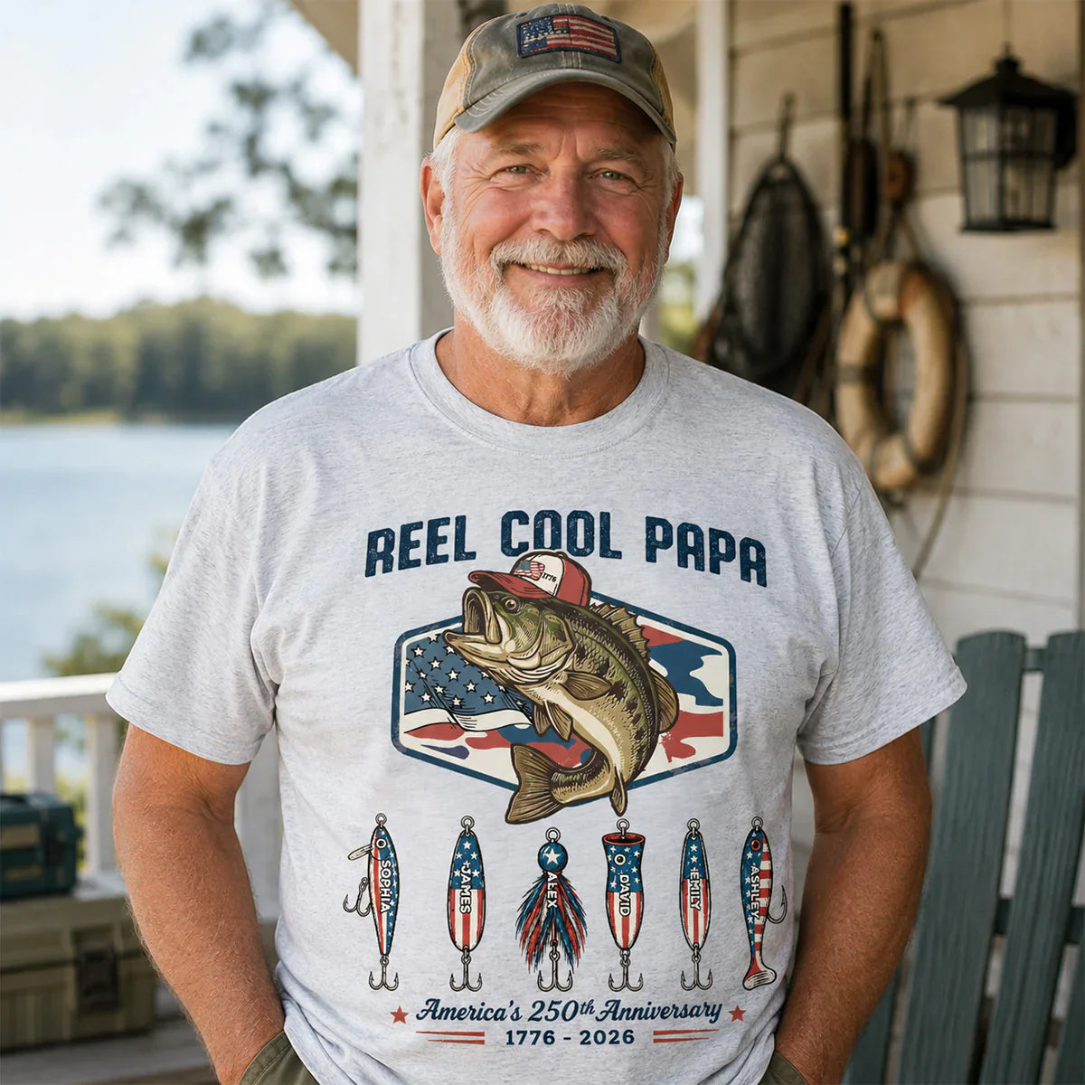 Personalized Classic Tee with Fishing Bass Art, Patriotic Papa Shirt, Unique Gift for Dad or Grandpa
