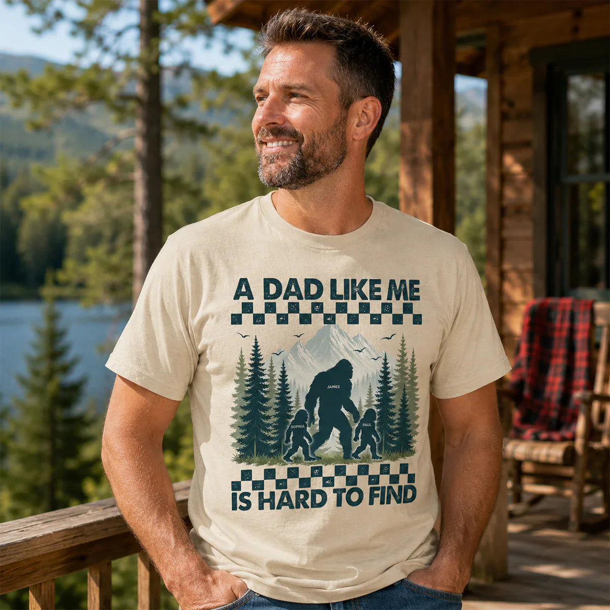Personalized Classic Tee With Bigfoot Dad & Kids, Retro Forest Graphic, Unique Gift for Dad