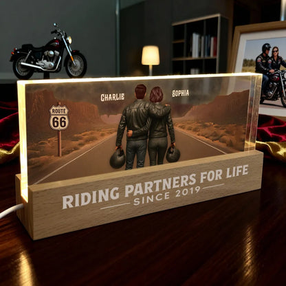 Personalized Block LED Light Plaque with Biker Couple Back View on Route 66, Warm Glow Bedroom Decor, Unique Gift for Couple