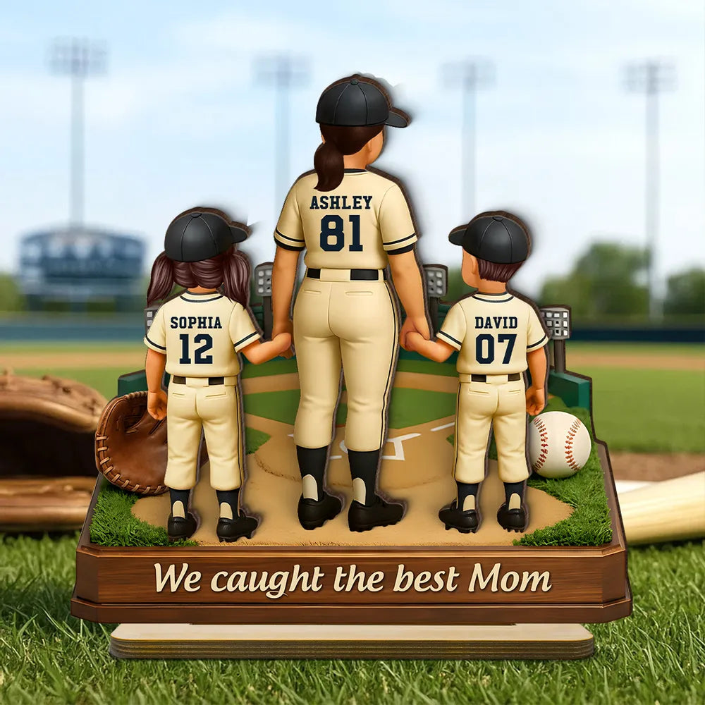 Personalized 2-Layer Wooden Plaque Baseball Mom with Kids Holding Hands, We Caught The Best Mom, Unique Gift for Mom