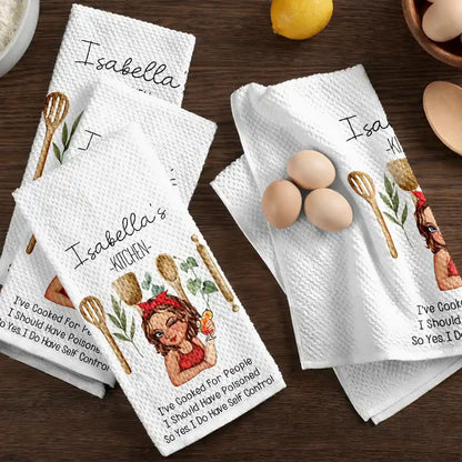 Personalized Kitchen Towel with Funny Cooking Quote and Wine Girl Illustration, Unique Gift for Home Cooks