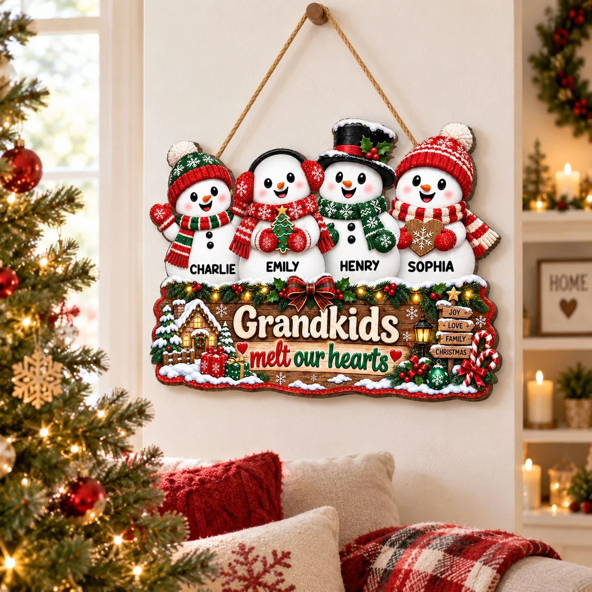 Grandkids Melt Our Hearts Personalized Wooden Sign, Festive Snowman Decor, Creative Gift for Grandparents