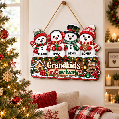 Grandkids Melt Our Hearts Personalized Wooden Sign, Festive Snowman Decor, Creative Gift for Grandparents