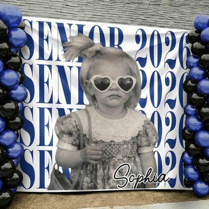 Personalized Graduation Backdrop Banner With Vintage Photo Look, Blue Class Celebration Decor, Unique Creative Gift