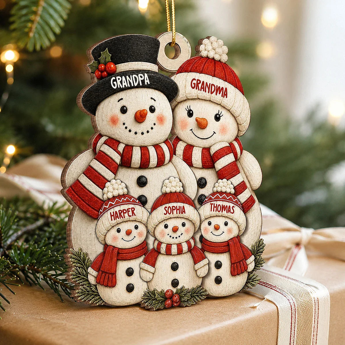 Personalized Wooden Ornament, Snowman Grandparents with Grandkids, Festive Tree Decor, Unique Family Gift