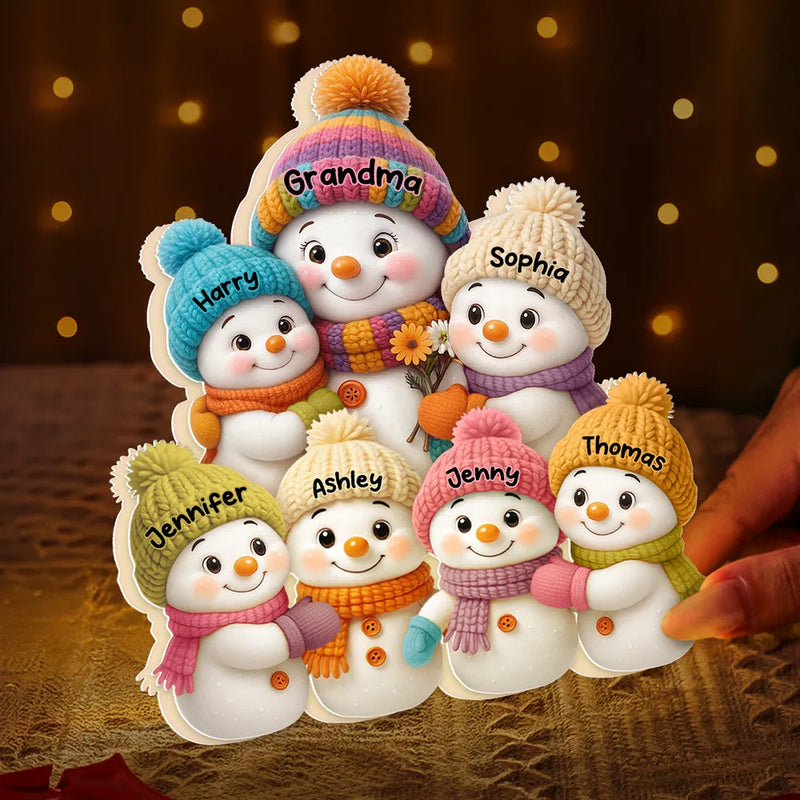 Personalized Snowman Family Acrylic Light Box with soft lighting, heartfelt winter gift for parents or loved ones