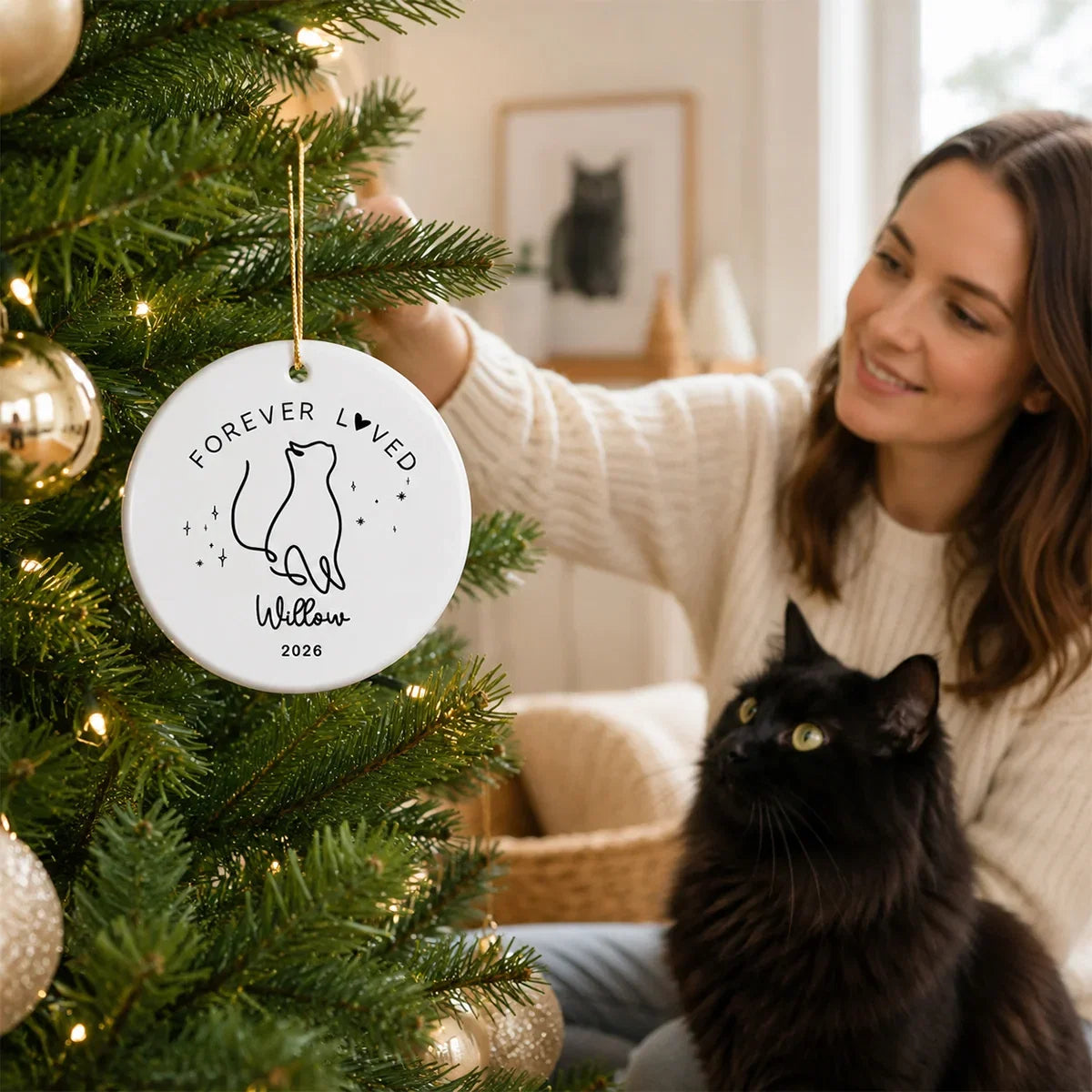 Personalized Cat Memorial Ceramic Ornament, Forever Loved Christmas Tree Keepsake, Unique Gift for Cat Owner