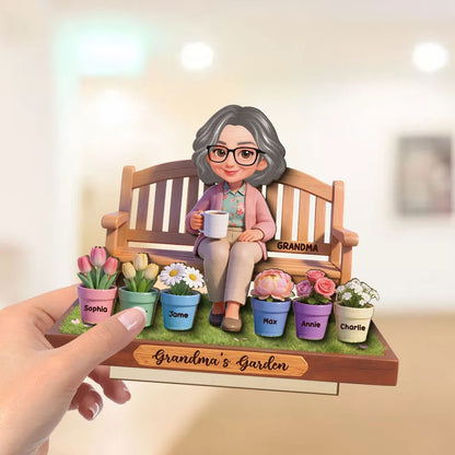 Personalized 2-Layer Wooden Plaque Grandma's Garden Bench Scene for Grandma, Sweet Family Keepsake Gift