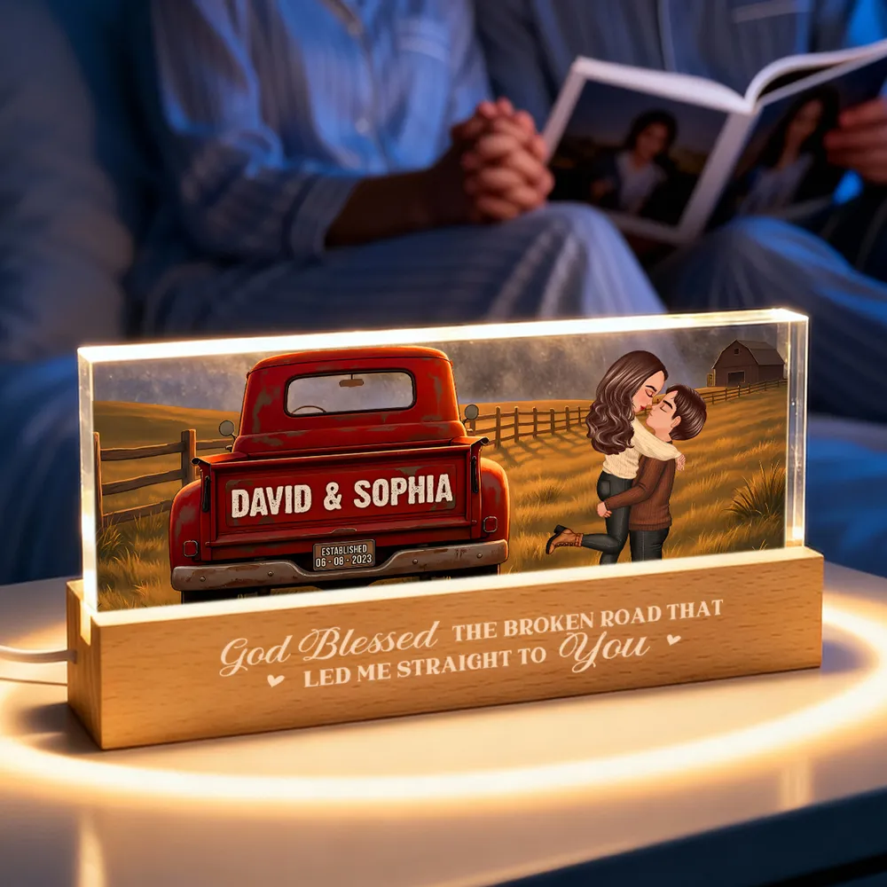 Personalized Block LED Light Plaque With Couple Kissing by a Red Truck, Rustic Sunset Scene, Unique Anniversary Gift