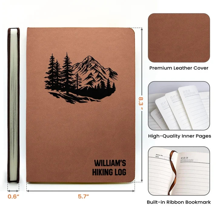 Personalized Leather Journal with Mountain Forest Art, Creative Hiking Gift for Hikers and Outdoor Travelers
