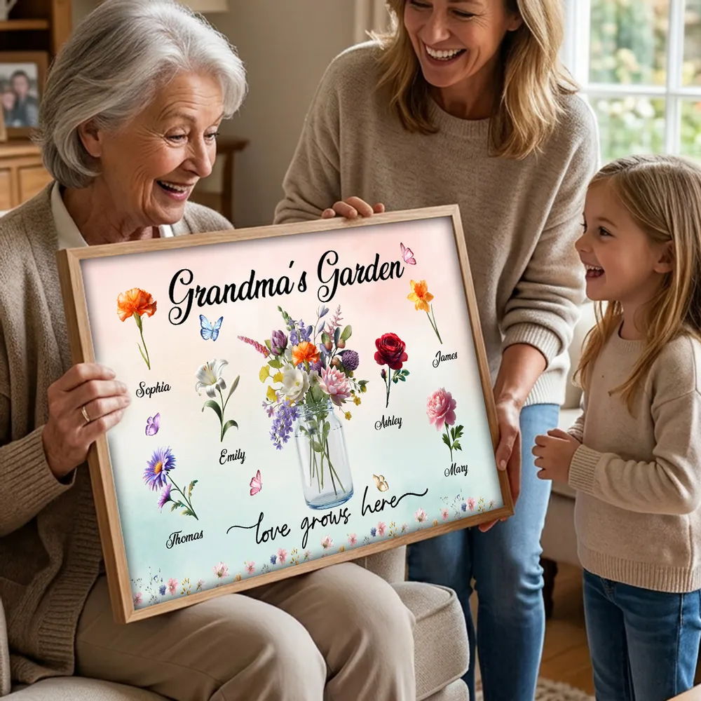 Personalized Grandma's Garden Flower Jar Poster, Custom Family Names Wall Art, Unique Gift for Grandma