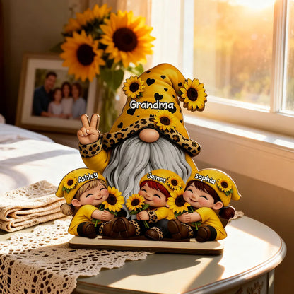 Personalized 2-Layer Wooden Plaque Gnome Grandma With Grandkids and Sunflowers Cute Family Keepsake Unique Gift for Grandma