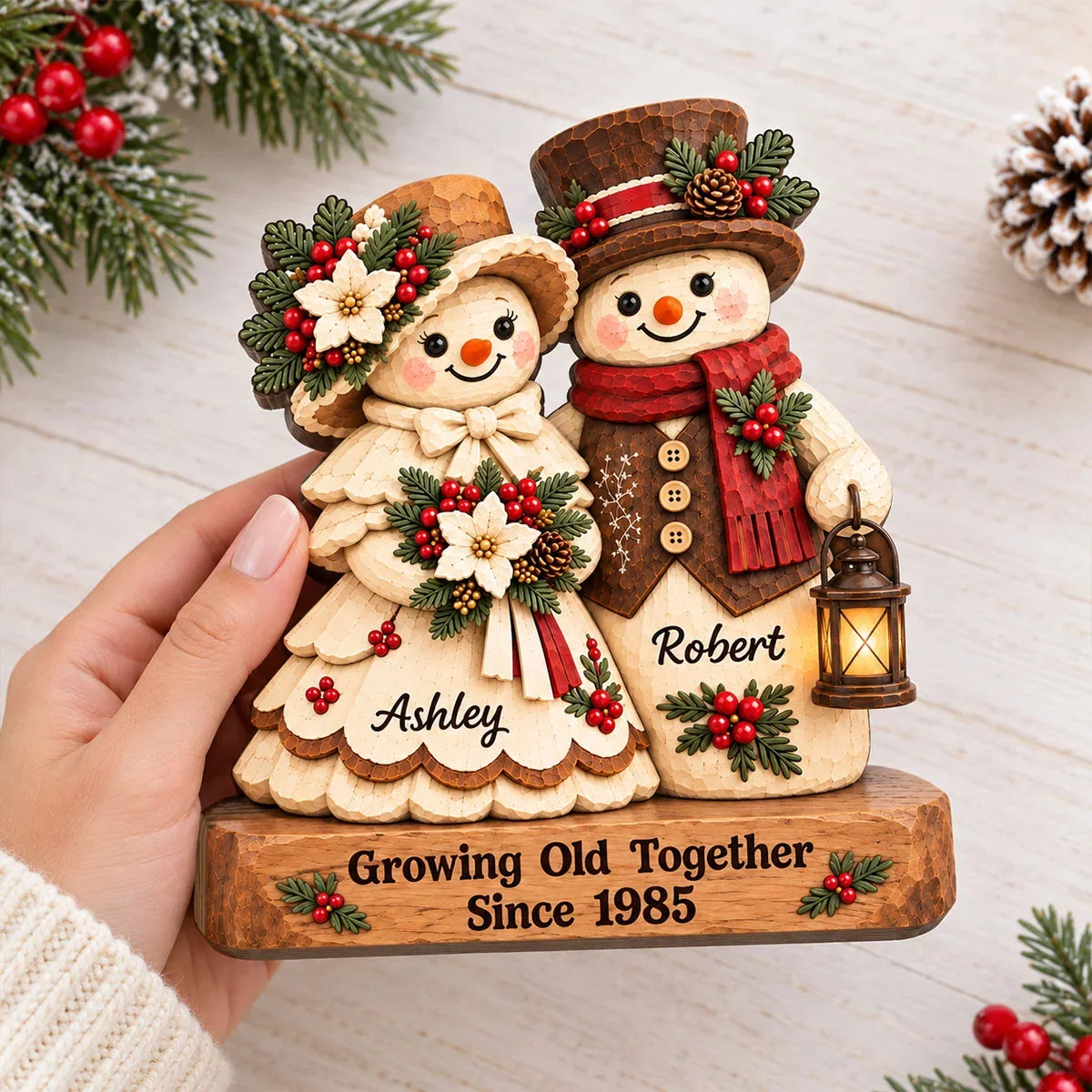Growing Old Together Wooden Plaque, Personalized Cozy Snowman Couple, Creative Christmas Gift for Partners