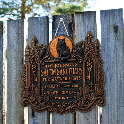 Wooden Sign with Black Cat and Ravens by a Haunted House, Personalized Welcome Decor, Creative Gift for Cat Owners