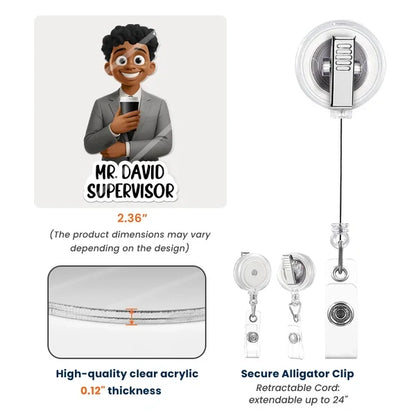 Personalized Acrylic Badge Reel, Colorful Cartoon Professional Holding Coffee, Unique Gift for Teachers and Coworkers