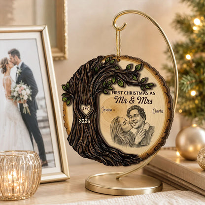 First Christmas as Mr & Mrs 2-Layer Wooden Ornament, Romantic Tree Design, Creative Gift for a Married Couple