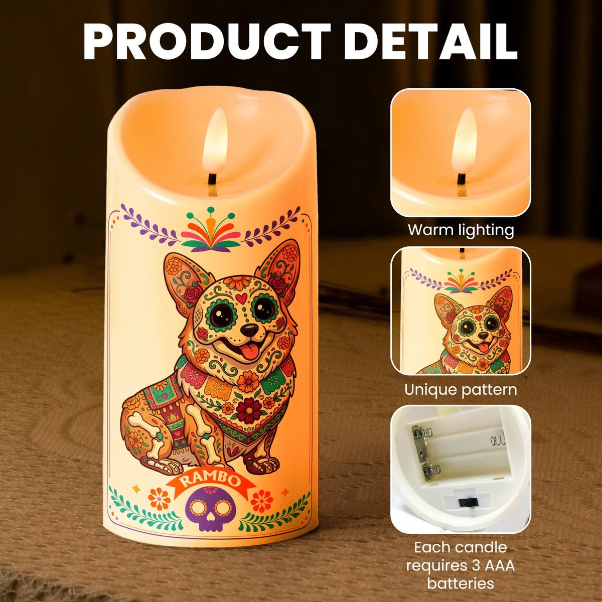 Custom Pet Memorial Flameless LED Candle, Mexican Folk Art Dog Decor and Creative Gift for Dog Lovers