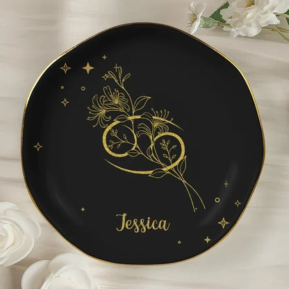 Zodiac Birth Flower Jewelry Dish, Personalized Celestial Keepsake Tray, Meaningful Creative Gift for Her