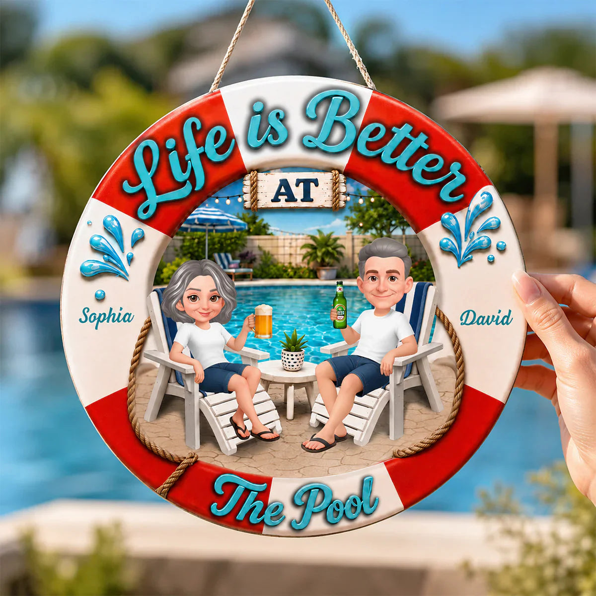 Personalized Wooden Sign, Life Is Better at The Pool, Couple Relaxing with Drinks, Unique Gift