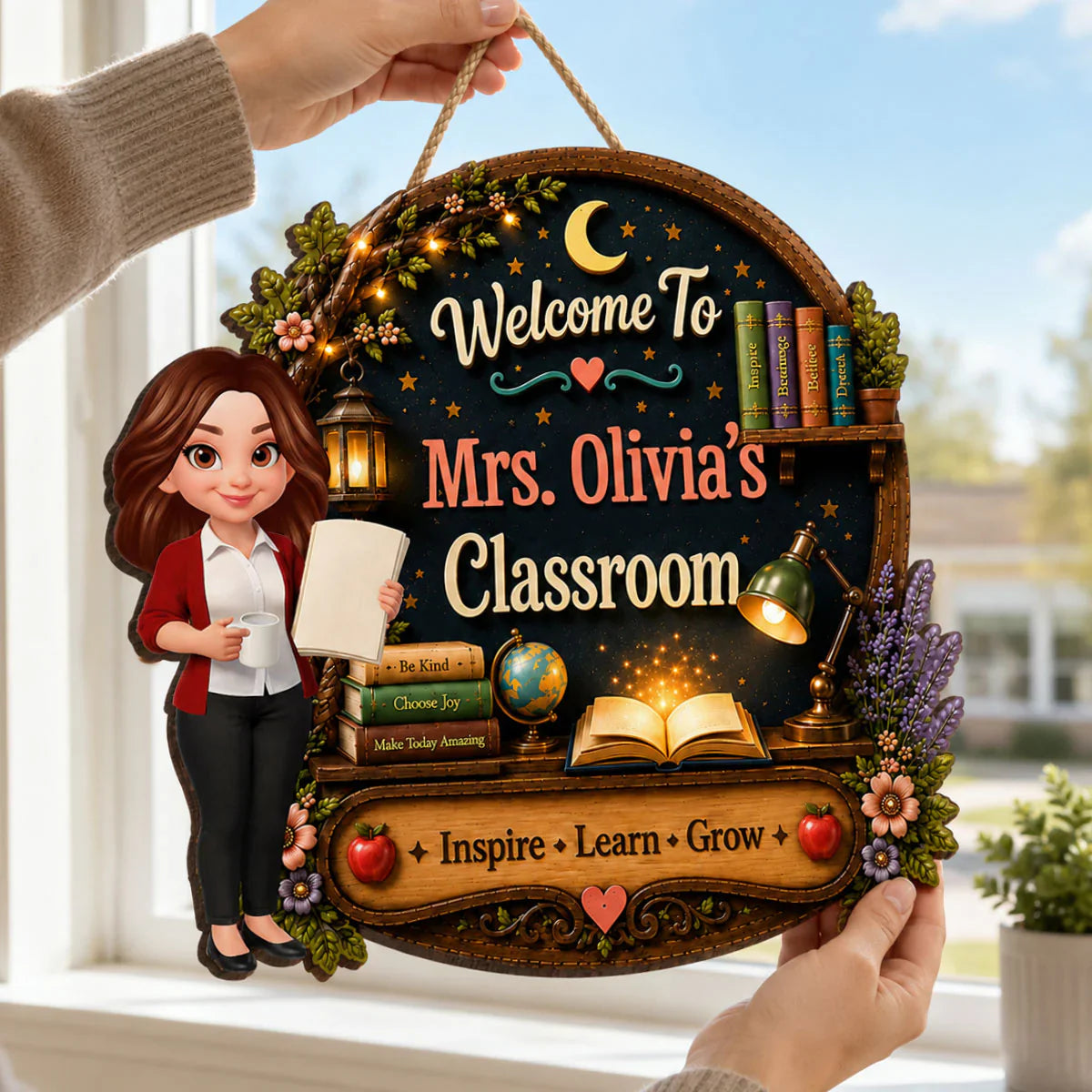 Personalized Wooden Sign with Cute Teacher Illustration, Inspire Learn Grow, Unique Creative Gift for Teacher