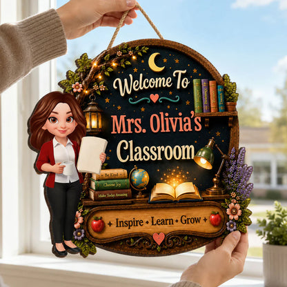 Personalized Wooden Sign with Cute Teacher Illustration, Inspire Learn Grow, Unique Creative Gift for Teacher