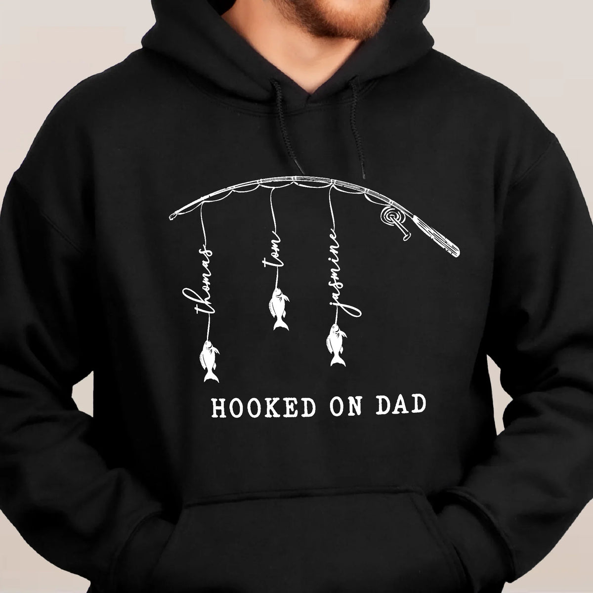 Custom Classic Tee With Hooked On Dad Fish Artwork, Unique Creative Gift For Dad Or Grandpa