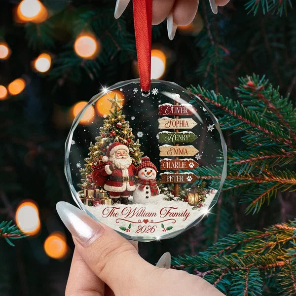 Personalized Crystal Ornament with Santa and Snowman Christmas Scene, Unique Family Gift