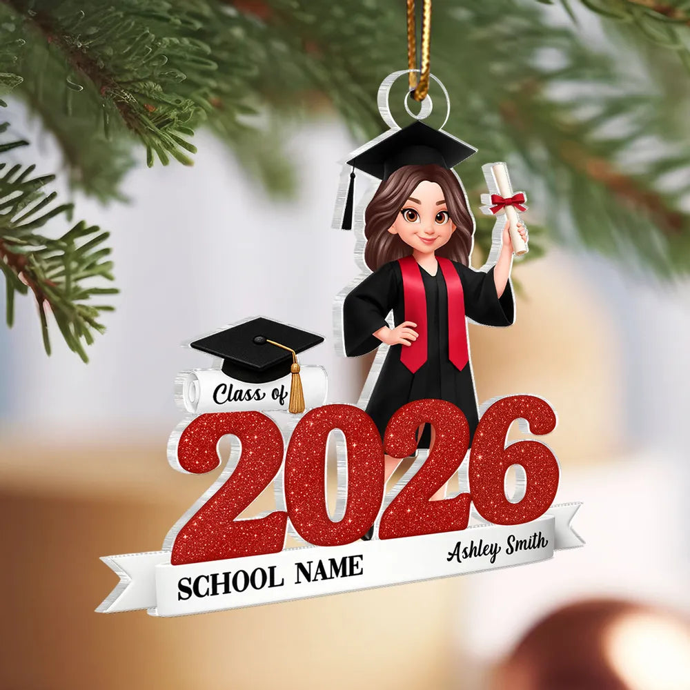 Graduation Acrylic Ornament, red glitter design with cap & diploma, ce ...