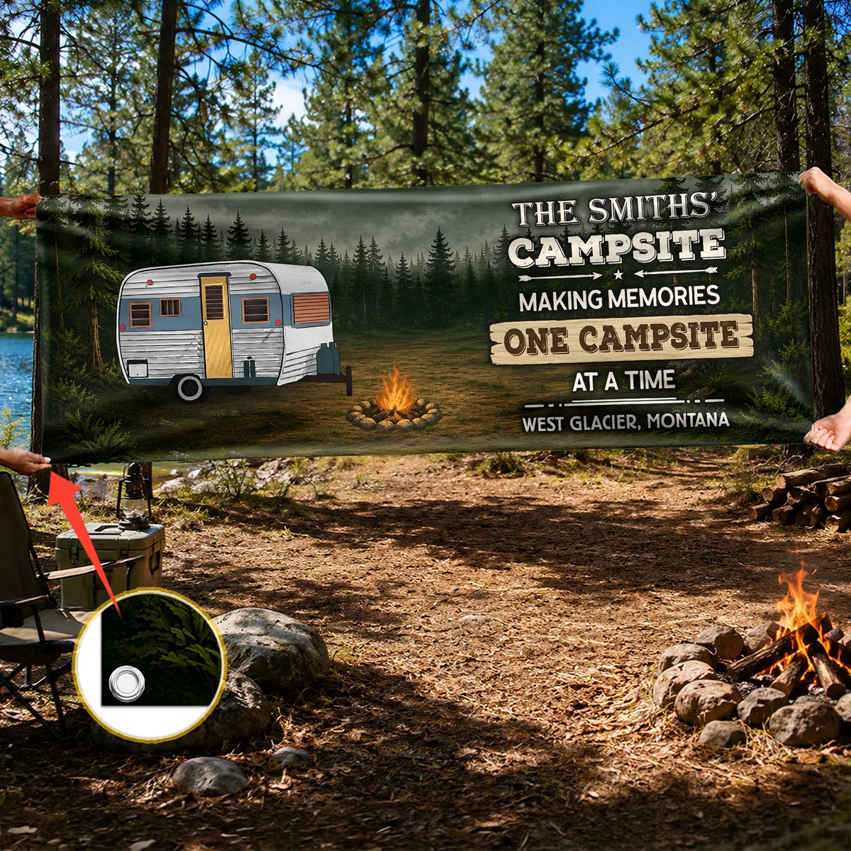 Personalized Vinyl Banner with Vintage Camper and Campfire, Unique Campsite Gift for Camping Families