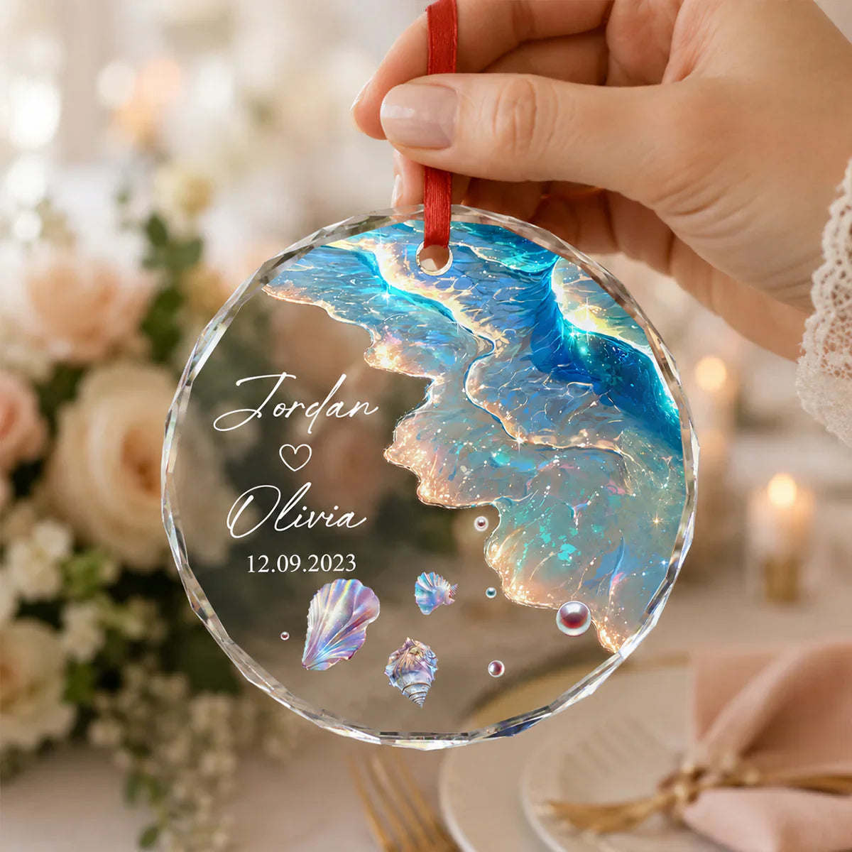 Custom Crystal Ornament for Couple, Romantic Coastal Keepsake with Wedding Portrait Look, Creative Gift
