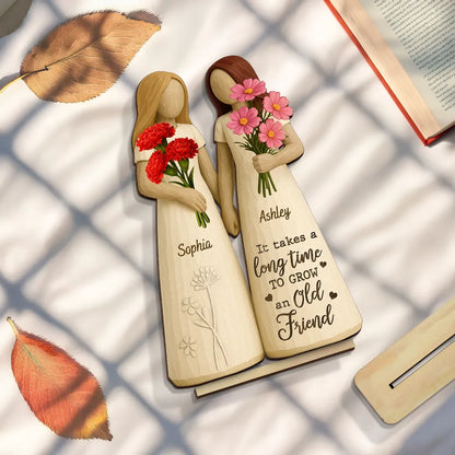 2-Layer Wooden Plaque for Best Friends – Hand-in-Hand figurine with flowers, cozy mantel décor and heartwarming keepsake, perfect gift to celebrate lifelong friendship