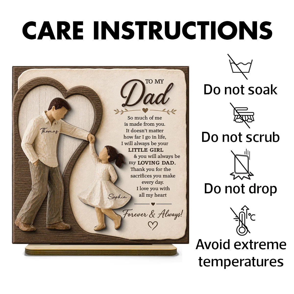 Personalized 2-Layer Wooden Plaque for Dad, Father & Daughter Holding Hands, Unique Gift From Daughter
